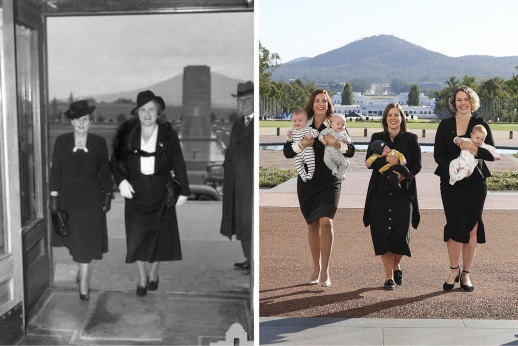 Labor MPs Anika Wells, Kate Thwaites and Alicia Payne return to Parliament from maternity leave in March 2021, paying homage to a 1943 photo of Dorothy Tangney and Dame Enid Lyons entering the front door of Old Parliament House.