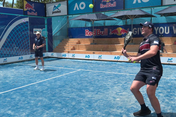 Wallabies captain Harry Wilson (right) and his Wallabies teammate, Max Jorgensen, playing padel at Melbourne Park. 