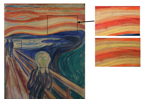 Clockwise from left: the rectangles show colour degradation; as the colours are today; and how the original may have looked. 