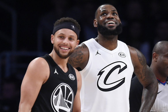 Stephen Curry and LeBron James at the 2018 All-Star game.