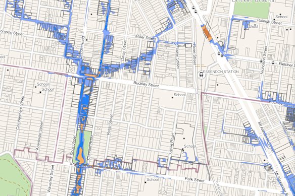 A section of the new flood mapping of Moonee Valley near Essendon Station.