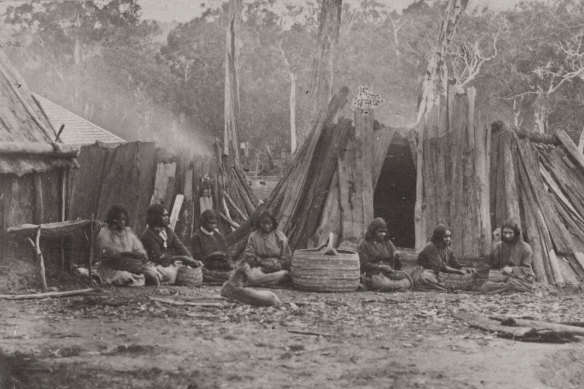 Women weaving baskets at Coranderrk Aboriginal Station in 1865.