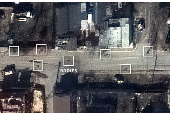 Satellite images provided by Maxar Technologies show Yablonska Street in Bucha, Ukraine, strewn with bodies on March 19, 2022.