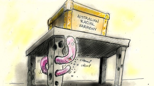 Alan Moir colour cartoon / illustration / illo / toon / artwork.
‘Australian Racial Harmony’ box on table being eaten by worms.