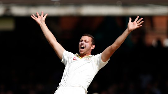 Josh Hazlewood appeals unsuccessfully for LBW on England's Ben Stokes. 