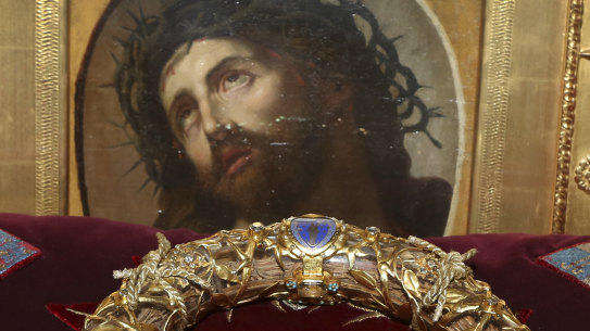 The crown of thorns which was believed to have been worn by Jesus Christ and which was bought by King Louis IX in 1239 is presented at Notre Dame Cathedral in Paris.