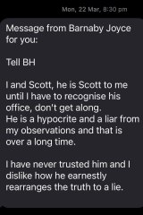 The text message sent by Barnaby Joyce in March, 2021.