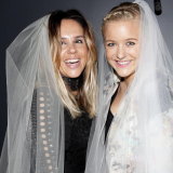Pip Edwards and Hermione Underwood wearing veils at the Vera Wang store opening in 2017.
