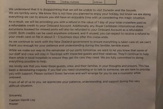 A letter provided to passengers on Ovation of the Seas cruise ship that was delayed by the White Island volcano eruption.