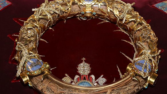 The crown of thorns which was believed to have been worn by Jesus Christ and which was bought by King Louis IX in 1239 is presented at Notre Dame Cathedral in Paris.