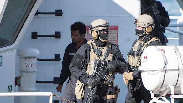 Armed forces aboard the Turkish oil tanker El Hiblue 1, which was hijacked by migrants. 