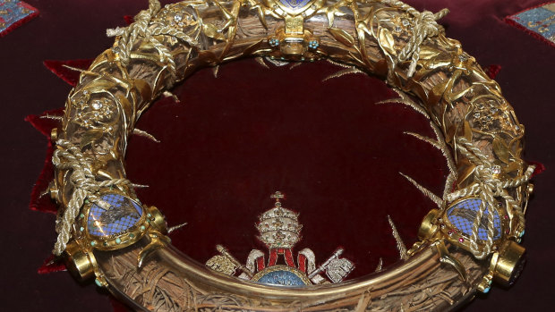 The crown of thorns which was believed to have been worn by Jesus Christ and which was bought by King Louis IX in 1239 is presented at Notre Dame Cathedral in Paris.