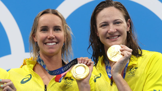 Emma McKeon and Cate Campbell collected gold in the women’s 4x100m freestyle relay. 