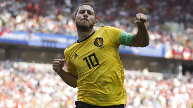 Belgium's Eden Hazard celebrates after scoring his side's fourth goal against Tunisia.