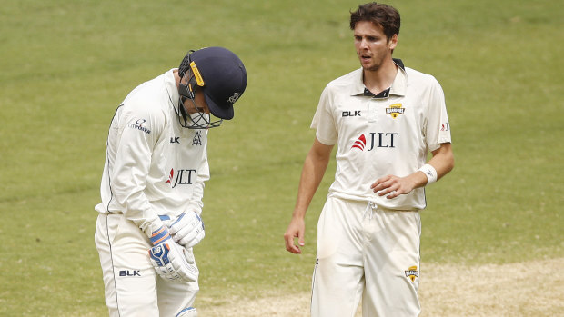 Jyhe Richardson (right) checks on Nic Maddinson after he was struck on the arm by a bouncer.