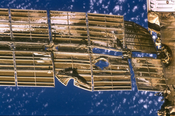 Damage to the solar array on Russia’s Mir space station after a Russian supply ship collided with it in 1997. 