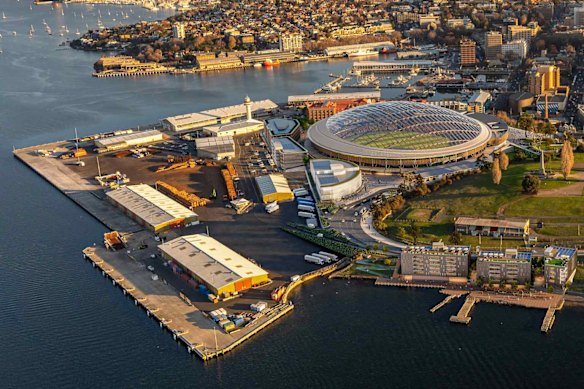 An artist’s render of the Macquarie Point stadium site on the edge of Hobart’s CBD.