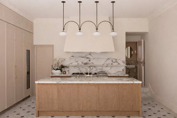 Interiors feature European oak chevron floors, birch joinery, Calacatta marble and vintage Murano lighting.
