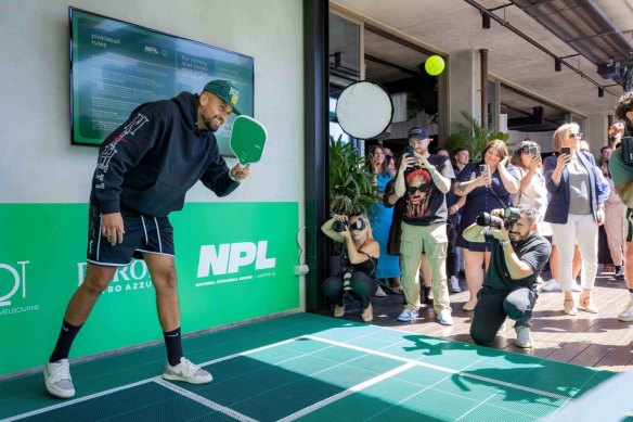 Nick Kyrgios plays pickleball at an event in Melbourne.