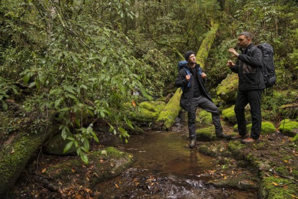 Chris Hemsworth and First Nations artist Otis Hope Carey on a two-day bushwalk through the New England National Park.
