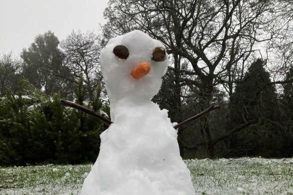 Snow fell overnight in the Dandenong ranges, this snowman appeared in Ferny Creek.