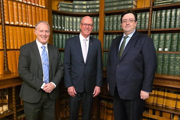 Speaker of Queensland Parliament Pat Weir (centre) with Mitchell Kunde and Dr Daniel Morgan, in an image posted to announce the appointment of Morgan as the state’s Parliamentary Crime and Corruption Commissioner in June last year.