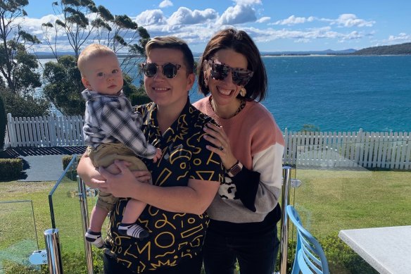 April Long, left, with their partner Kelly Coelho and son Kaison. Long, who identifies as non-binary, has lodged a complaint with the Australian Human Rights Commission regarding the most recent census.