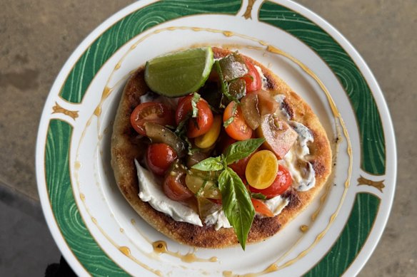 Tomato flatbread at Salt Coffee Roasters.