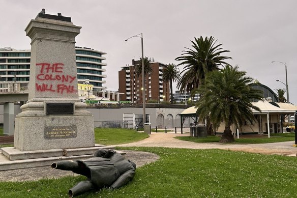 The vandalised statue of Captain James Cook in St Kilda in January.