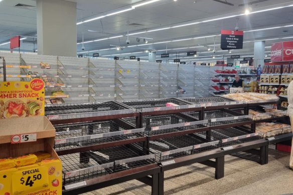 Empty shelves at a Coles in Brisbane’s suburbs on Monday afternoon.