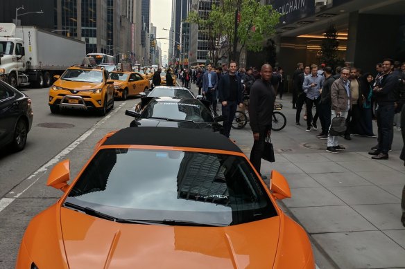 Images taken from Greg Dwyer’s social media feeds of Lamborghinis lined up at a bitcoin conference in Manhattan. 