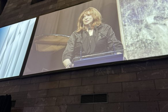 Margaret Gardner speaking at her farewell party at the NGV in July 2023.