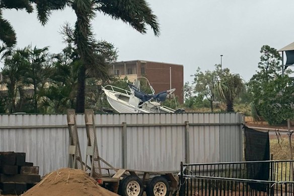 A boat ended up blown into a yard in the Pilbara.