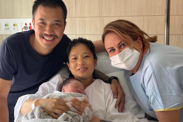 Mamata Pun Rama (centre), with newborn son Imaan, her husband Chitra and a staff member at Forbes Hospital.