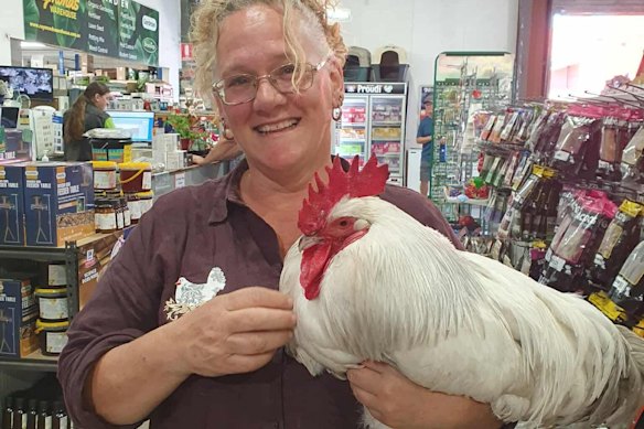 Julia Davies and George the rooster.