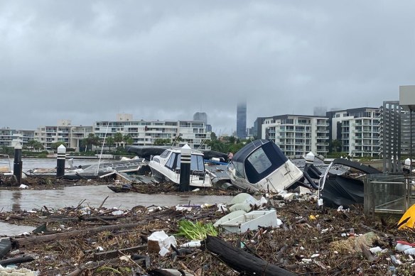 Hawthorne Ferry Terminal has been collecting flotsum as the swollen Brisbane River continues to surge.