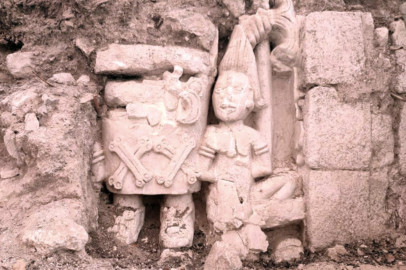 The sculpture beleived to show a female ruler subduing a captive male warrior, found at the Mayan ruin site of Ek’Balam, on the Yucatan peninsula, Mexico.