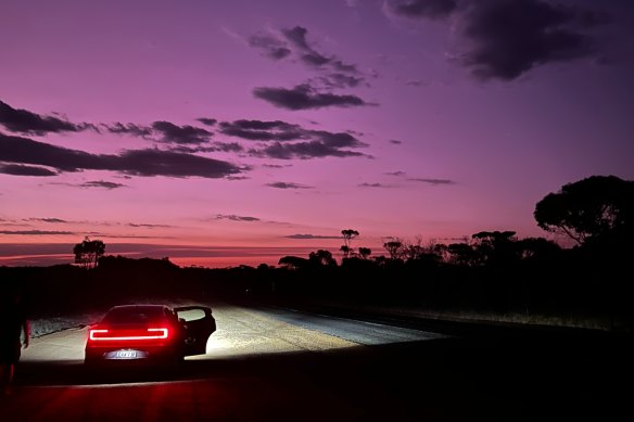 Sunset on the highway between Ravensthorpe and Albany, Western Australia, as James Massola crosses the Nullarbor in an electric vehicle.