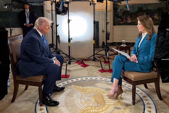 US President Donald Trump sitting for an interview with CBS News senior correspondent Norah O’Donnell after being evacuated from the White House Correspondents’ dinner after gunshots were heard.
