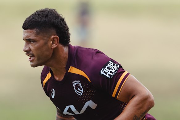 Aublix Tawha in action at Broncos training.