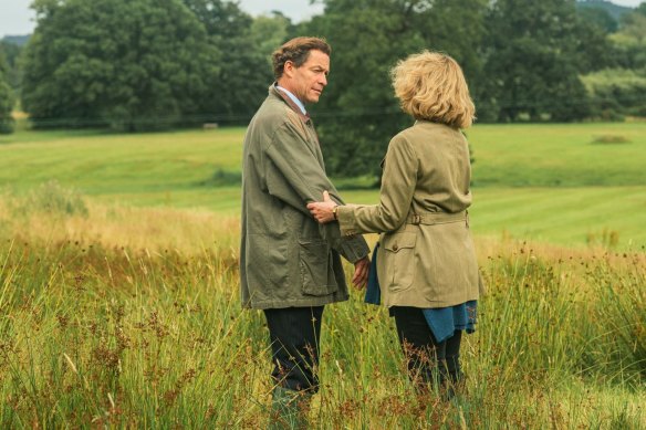 Dominic West as Prince Charles and Olivia Williams as Camilla in a scene of “The Crown” that follows the leak of their Tampax phone conversation to the press.