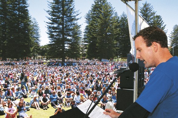 Paul Gamblin speaks at a Save Ningaloo rally in Fremantle in 2002, which 15,000 West Australians attended.