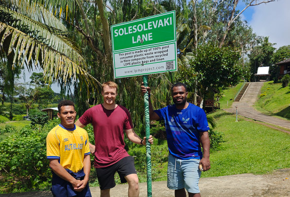 A recycled pole manufacted from plastic waste on Fiji.