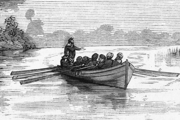 A depiction of John Batman making his way up the Yarra River in 1835.