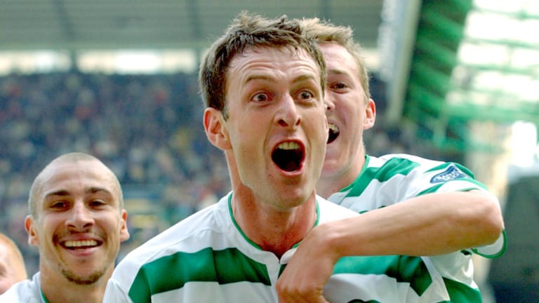 Back in the day: Chris Sutton, now a BT Sport pundit, celebrates a goal for Celtic in 2004.