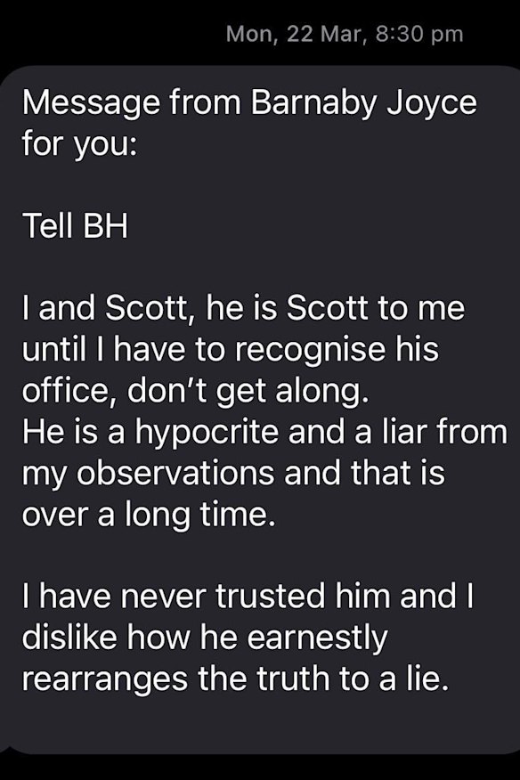 The text message sent by Barnaby Joyce in March, 2021. 