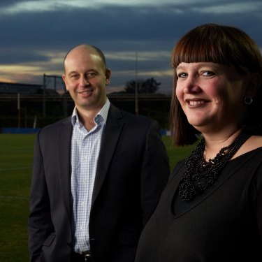 Todd Greenberg and Raelene Castle, pictured in happier times in 2013 when the latter took over from Greenberg at the Bulldogs.