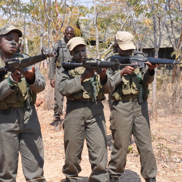 Damien Mander trains wildlife rangers in military tactics in
Zimbabwe.