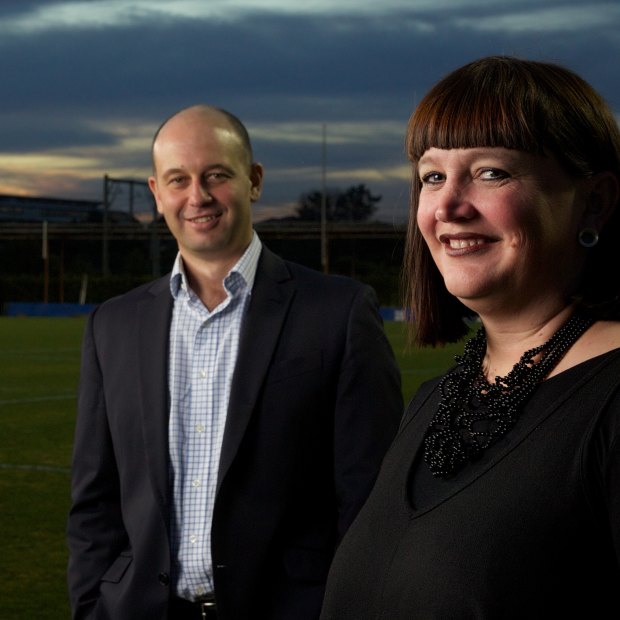 Todd Greenberg and Raelene Castle, pictured in happier times in 2013 when the latter took over from Greenberg at the Bulldogs.