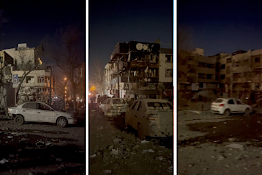 Stills from a video showing the impact of the strike on buildings and cars in Niloufar Square.